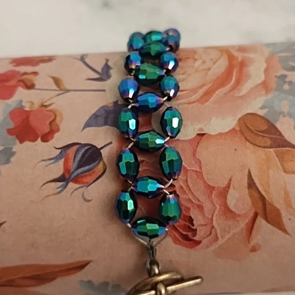 Vintage Brass Wire Woven Iridescent Green Faceted Beads Toggle Clasp